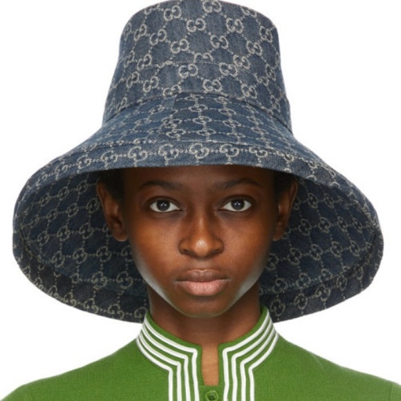 Brim Accessories - Gucci Denim GG Monogram Bucket Hat in Wide Large Brim Navy Sun Beach Coverage